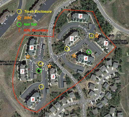 Kicking Horse Lodges property map showing buildings 1 through 8