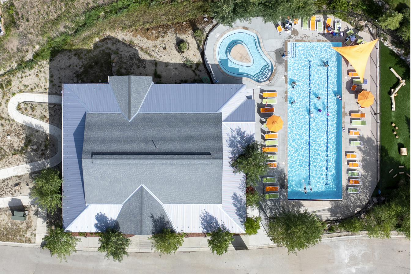 Ranch Hall aerial view with pool
